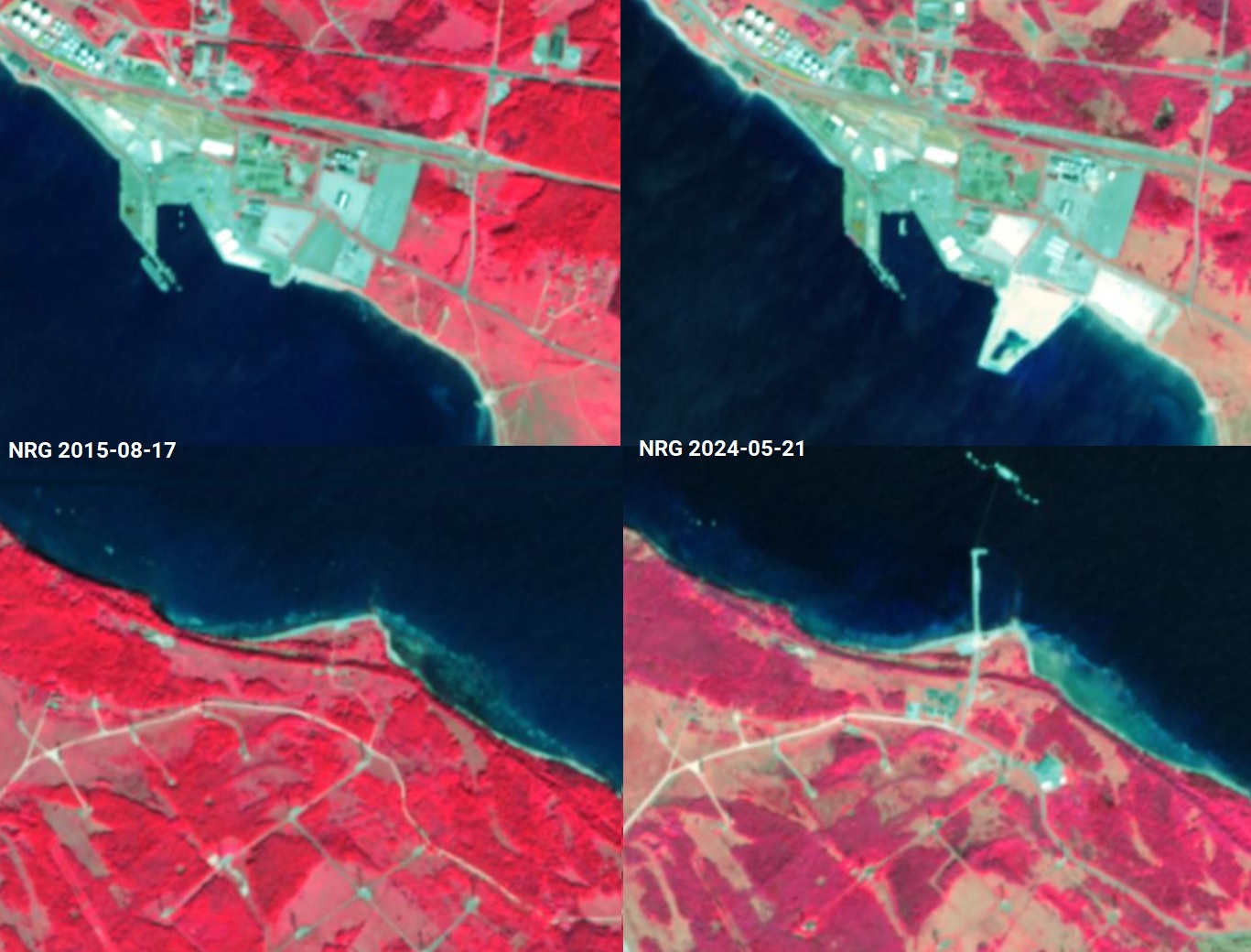 2015 ja 2024 aasta satelliidipildid, mille võrdluses on näha, et vahepeal on ehitatud juurde sadamarajatisi.