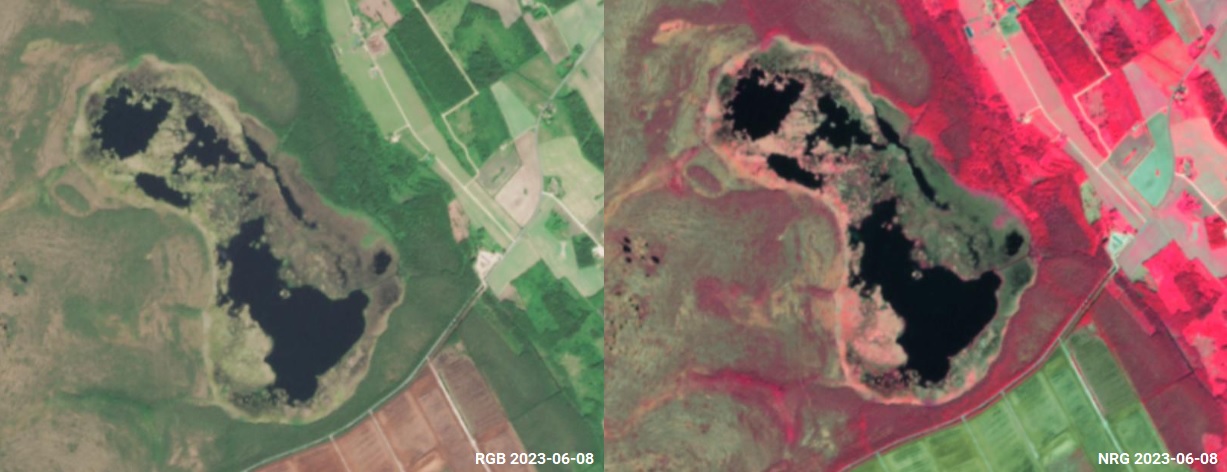 Paremalt Parika järv RGB toonides. Vasakul NRG toonides. Mõlemal juhul näha, et veekogu paistab satelliidipildil must.