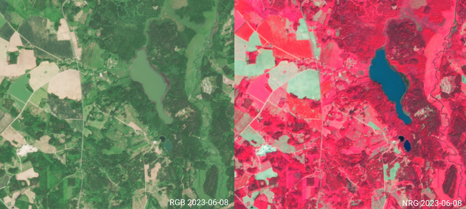 RGB (vasakul) ja NRG (paremal) piltide võrdlus, millelt on näha, et kui RGB puhul paistab veekogu pind rohelisena ja veidi sulandub ümbritsevaga ühte, siis NRG puhul on eutrofeerunud veekogu eristatavalt tume sügav sinine.