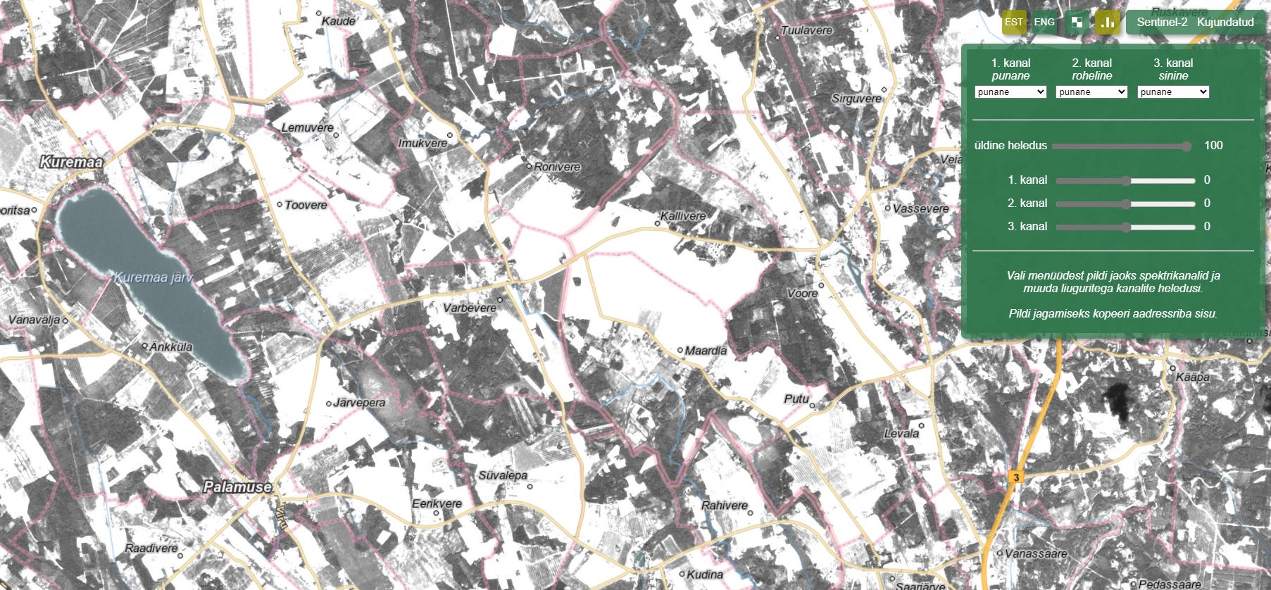 Punane-Punane-Punane spektrikombinatsioonis loodud satelliidipilt, mis paistab must-valgena. Kujutab Palamuse kanti. 