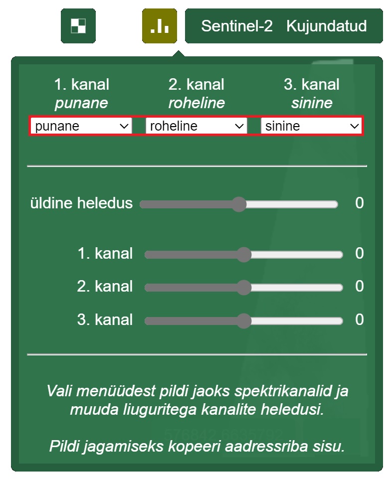 Satilao kujundusmooduli vaikeseadistus, milles on valgusspektri järjestuseks vastavalt Punane-Roheline-Sinine ning liugurite asend muutmata, nullis.